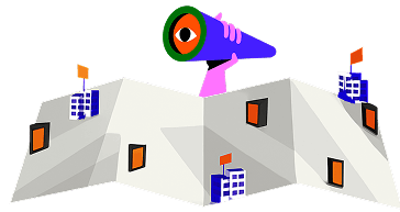 Ilustração de um mapa com pontos de anúncios distribuídos e com um binóculo sobre ele.
